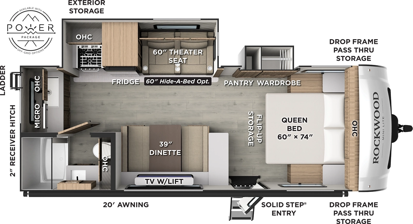 The Rockwood Mini Lite 2522FB floorplan has one entry and two slide outs. Exterior features include: fiberglass exterior and 20' awning. Interiors features include: front bedroom.